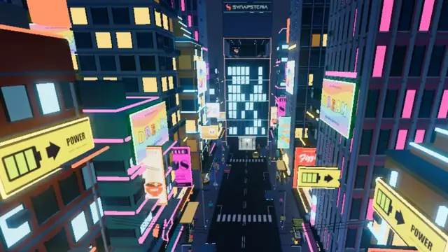 L’avenue de Synapsteria City, entre tours éclairées, enseignes roses et lumières turquoise.