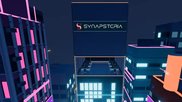 Une autre perspective sur les bâtiments et les enseignes de Synapsteria City.